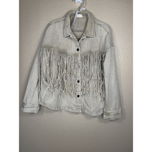 heyson Jackets & Blazers - Heyson Womens Beige Fringe Sz L Western Boho Shacket Distressed Jeans Jacket